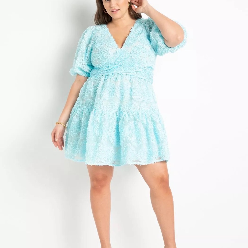 ELLOQUI Iced Aqua Sheer Mini Dress. NWOT Size 24